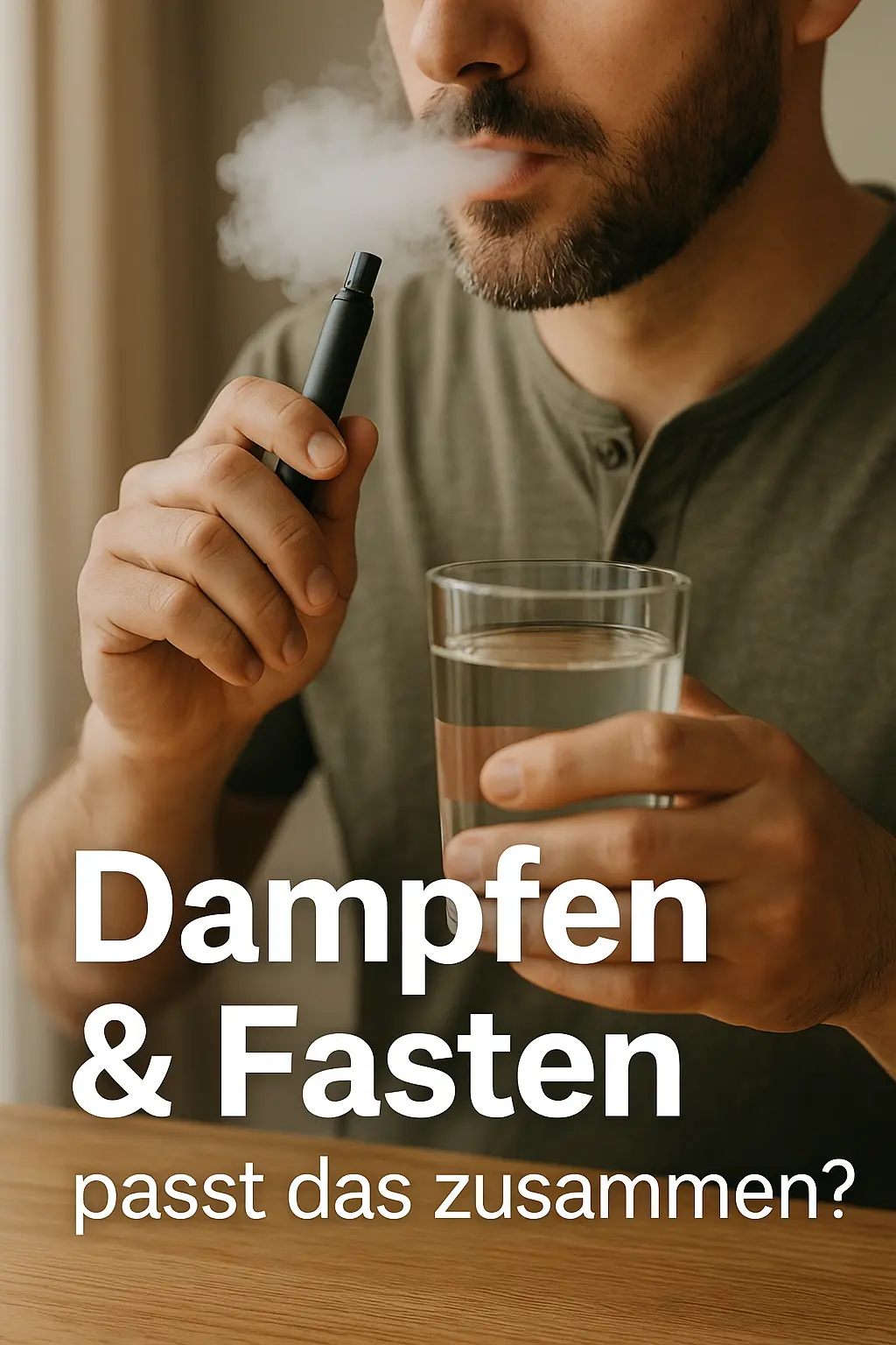 Mann dampft E-Zigarette und hält ein Glas Wasser während des Fastens
