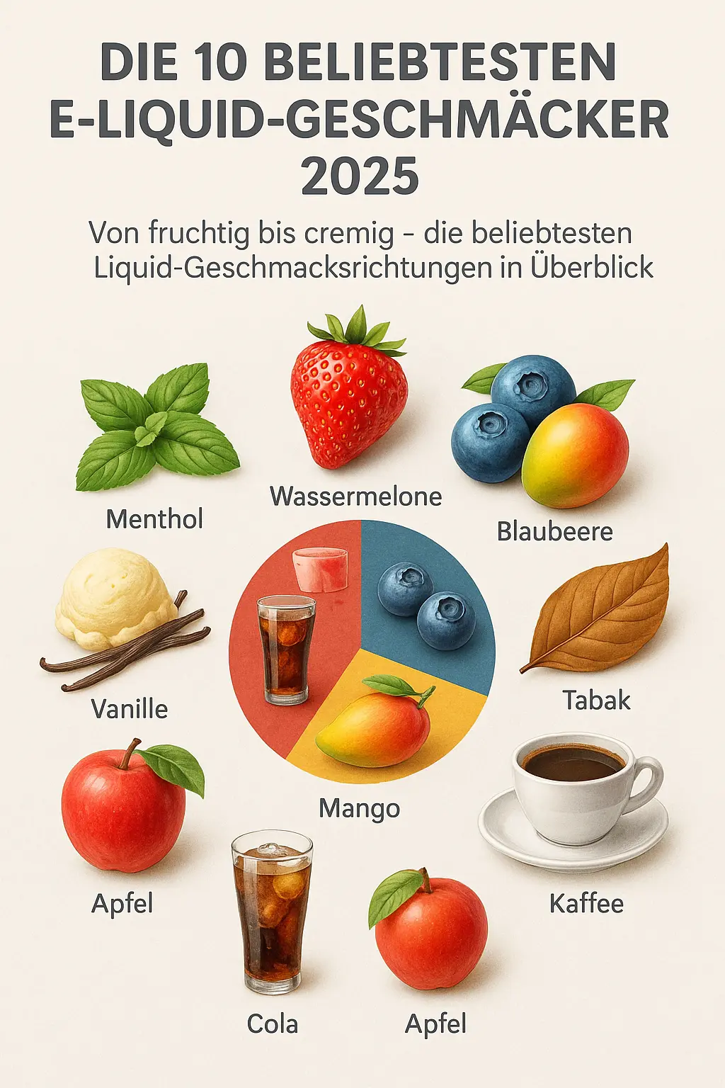 Die 10 beliebtesten E-Liquid Geschmäcker 2025 – Erdbeere, Wassermelone, Mango, Tabak, Menthol, Vanille, Cola, Apfel, Blaubeere und Kaffee