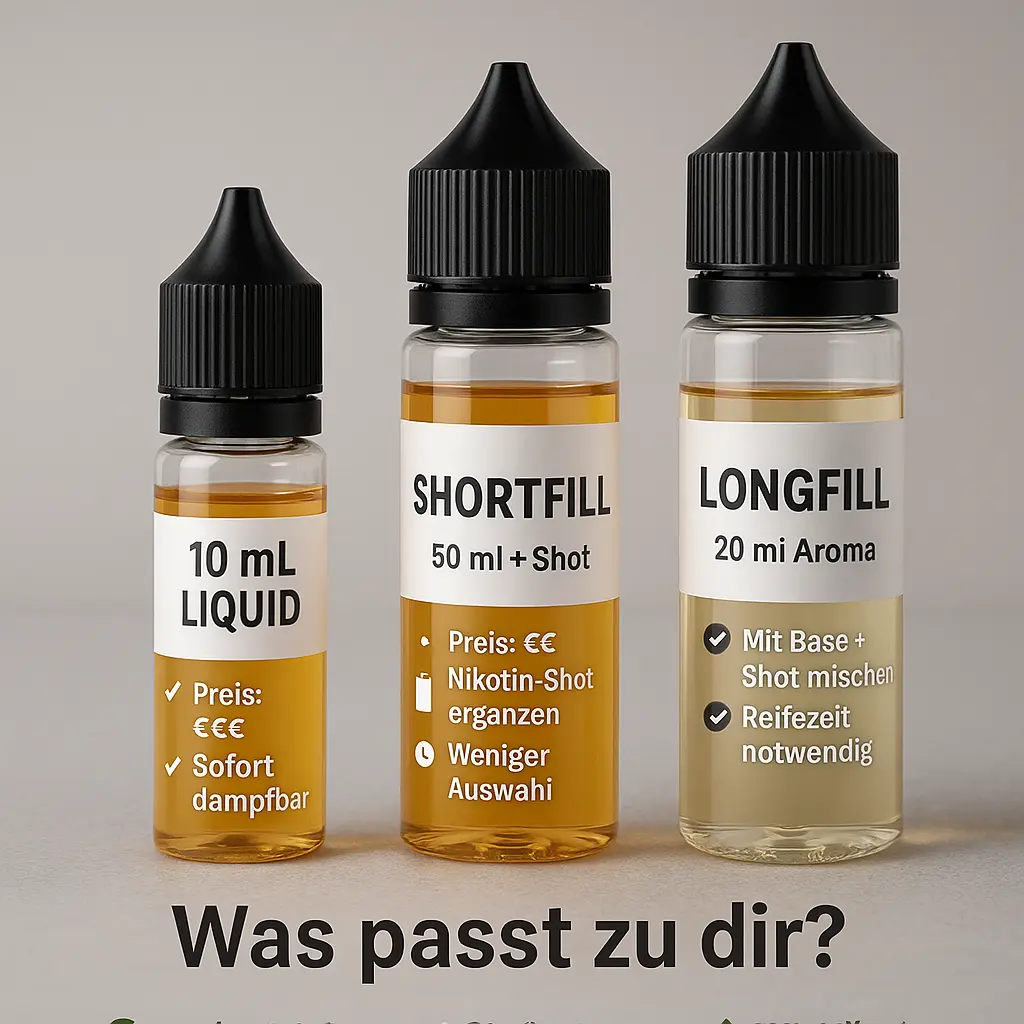 Vergleich von 10 ml Liquid, Shortfill und Longfill Flaschen – Unterschiede im Überblick