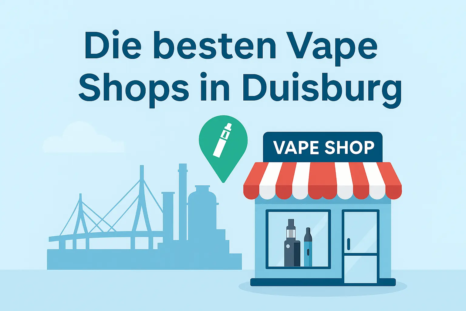Illustration mit Duisburg-Skyline und Vape Shop Symbol – Blogbeitrag zu den besten Vape Shops in Duisburg
