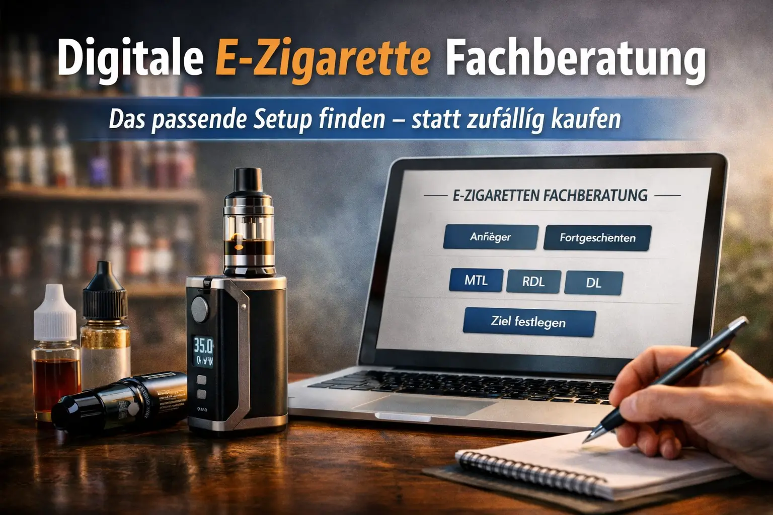 Digitale E-Zigarette Fachberatung mit Setup-Auswahl am Laptop